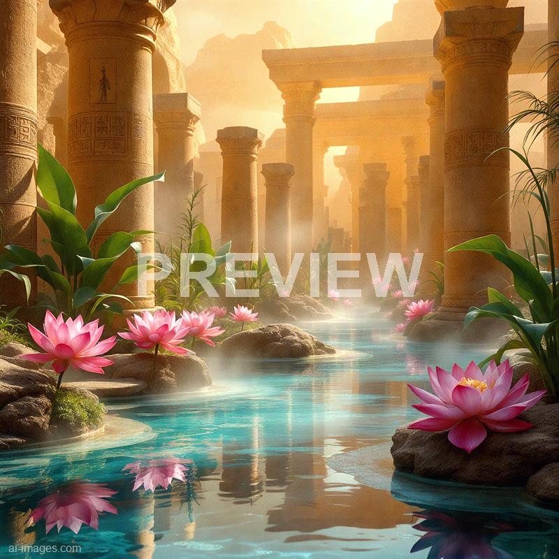 The image depicts an ancient, mystical landscape with tall, ornate stone columns and ruins reminiscent of a lost civilization. The scene is bathed in warm, golden sunlight filtering through the ruins, creating an ethereal glow. In the foreground, a serene stream flows gently, dotted with pink water lilies and lush green plants, enhancing the tranquil and enchanted atmosphere.